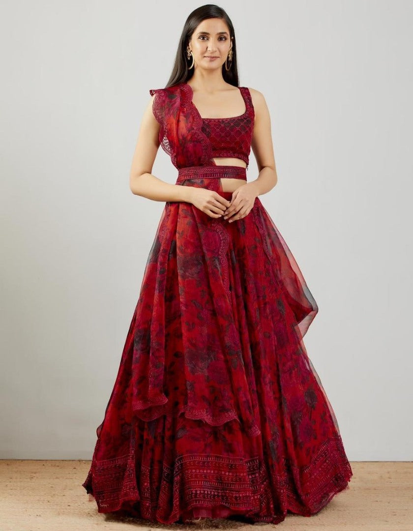 Red organza silk embroidered lehenga choli