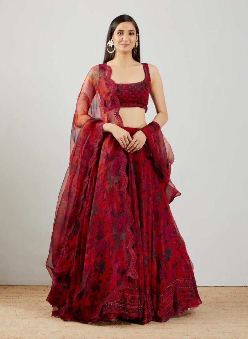 Red organza silk embroidered lehenga choli