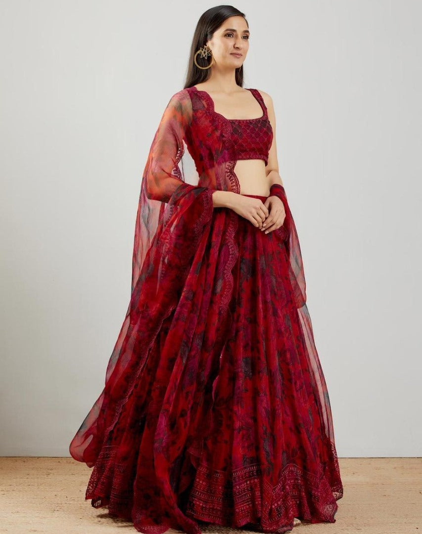 Red organza silk embroidered lehenga choli
