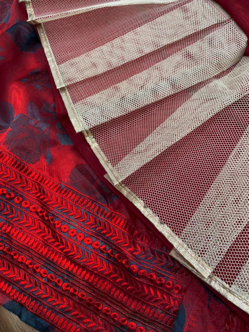 Red organza silk embroidered lehenga choli