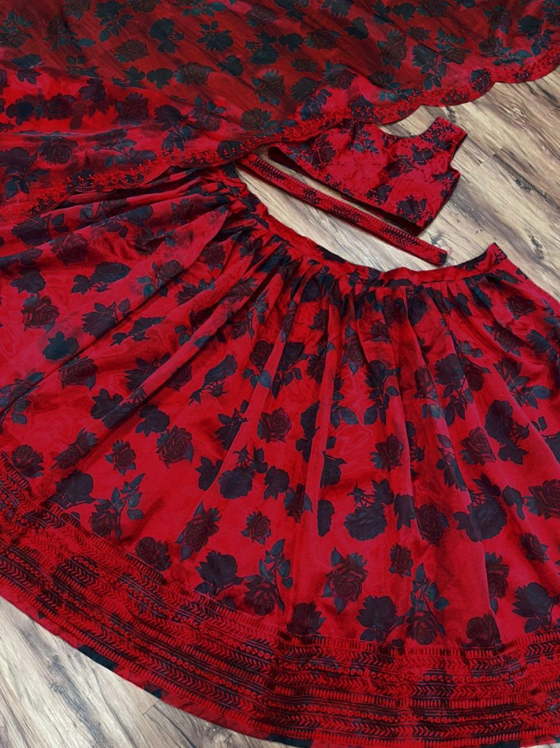 Red organza silk embroidered lehenga choli