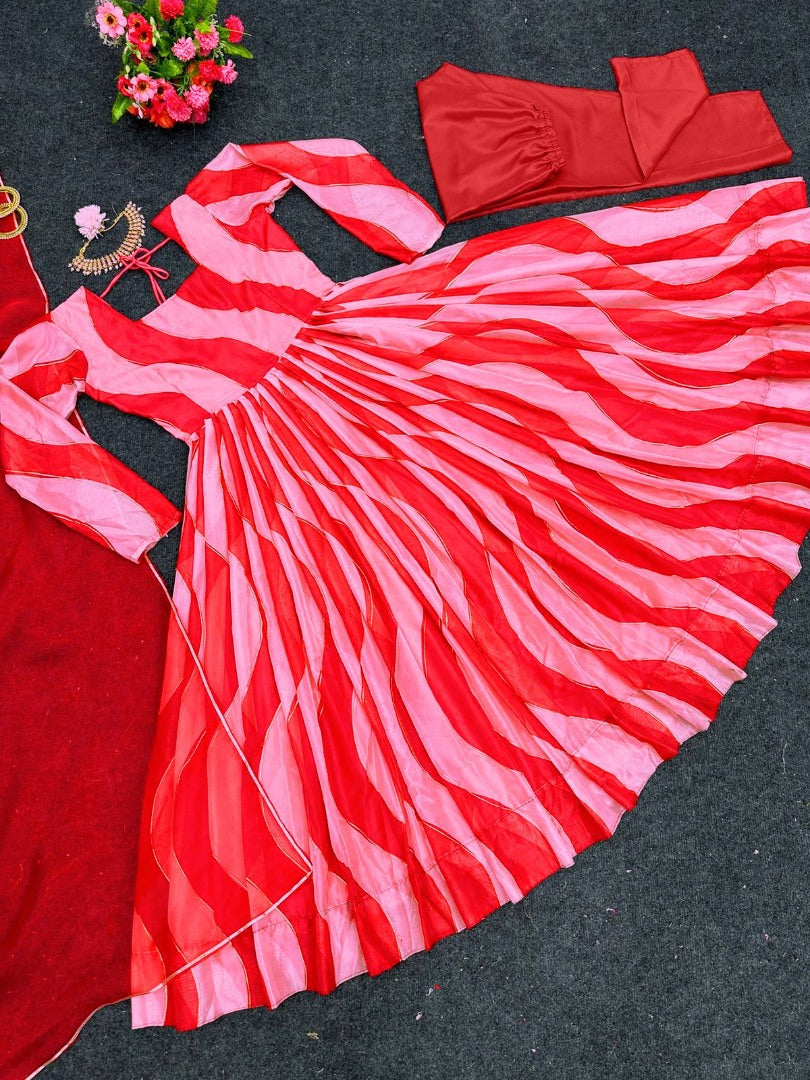 Red organza silk print and ribbon work anarkali suit