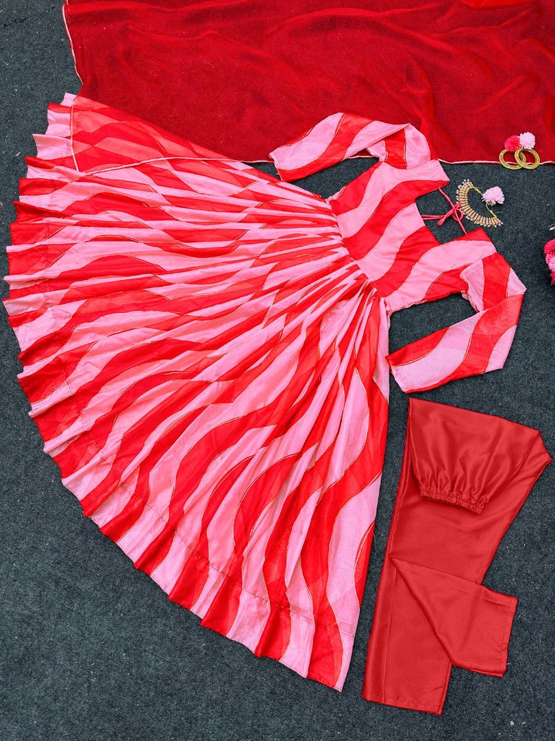 Red organza silk print and ribbon work anarkali suit