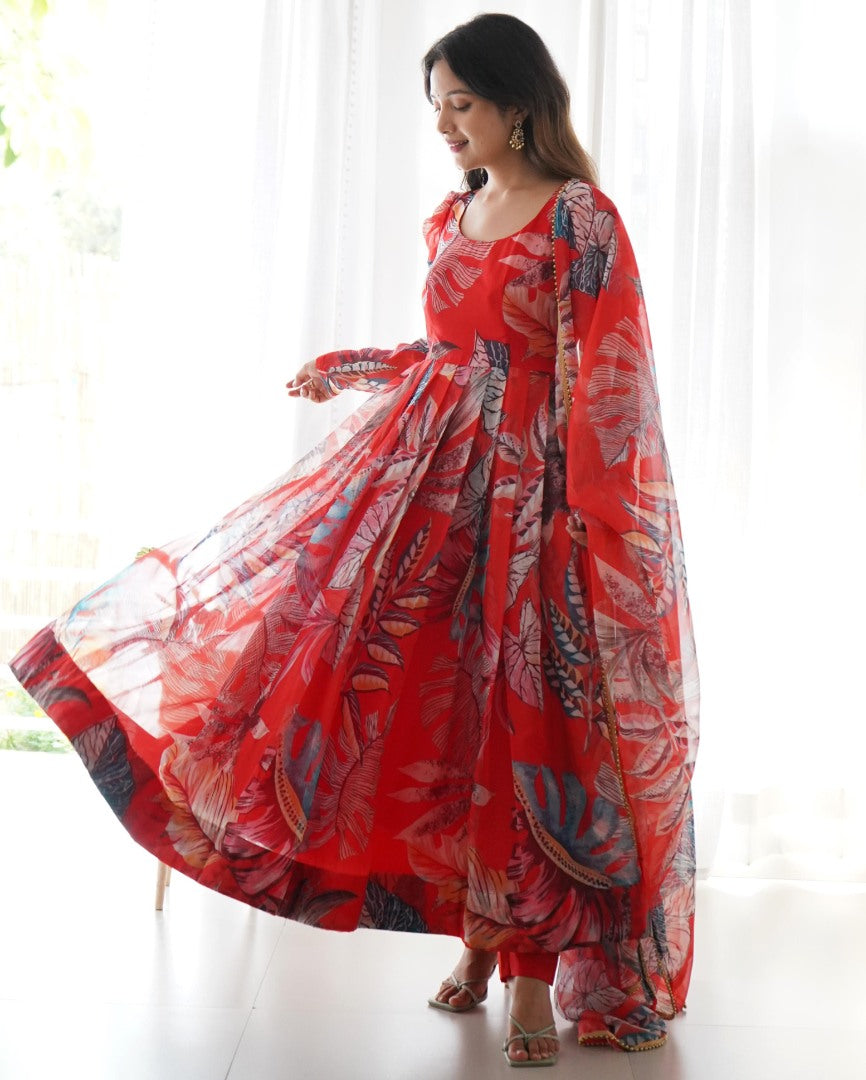 Red organza silk printed anarkali suit