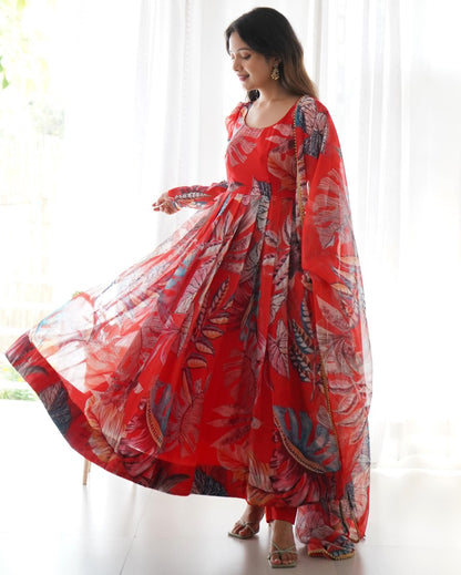Red organza silk printed anarkali suit