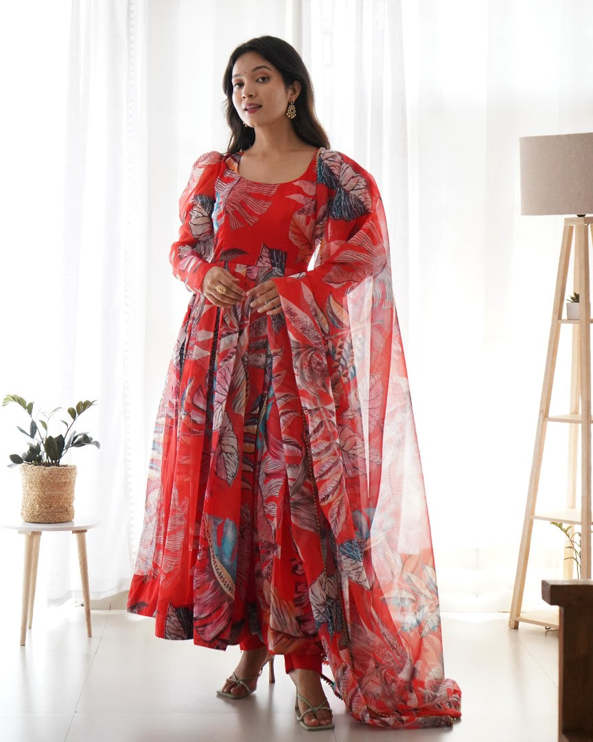 Red organza silk printed anarkali suit