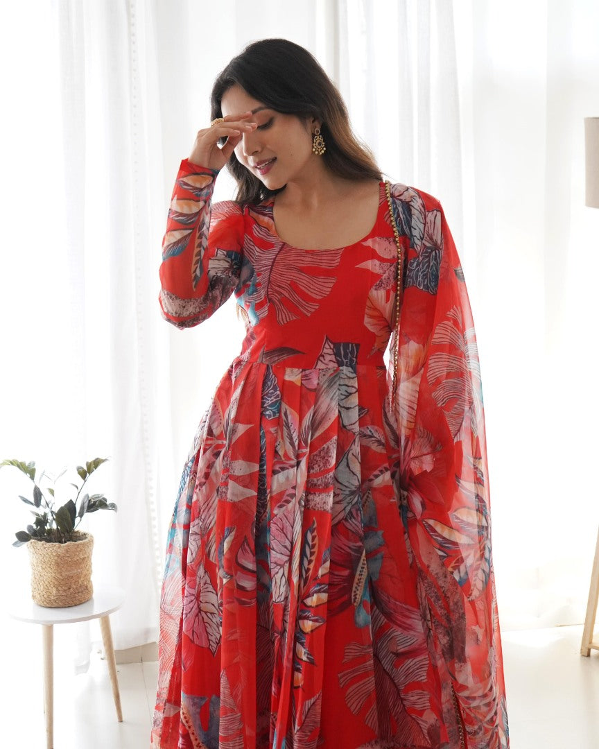 Red organza silk printed anarkali suit