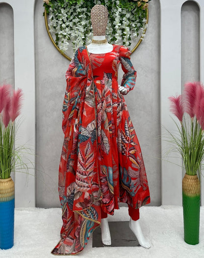 Red organza silk printed anarkali suit