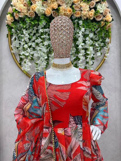 Red organza silk printed anarkali suit