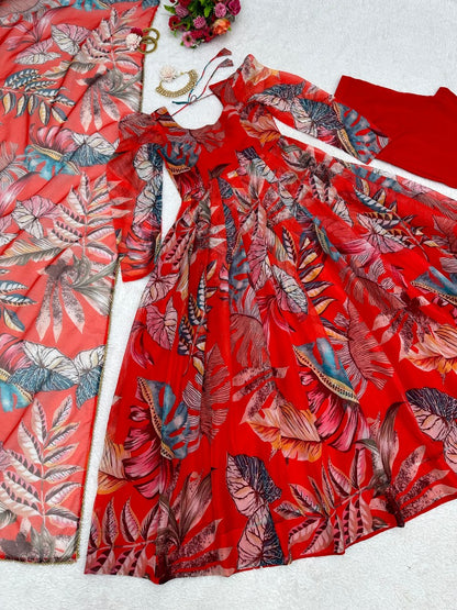 Red organza silk printed anarkali suit