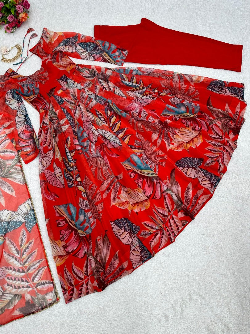 Red organza silk printed anarkali suit
