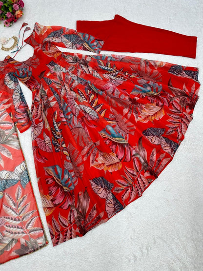 Red organza silk printed anarkali suit