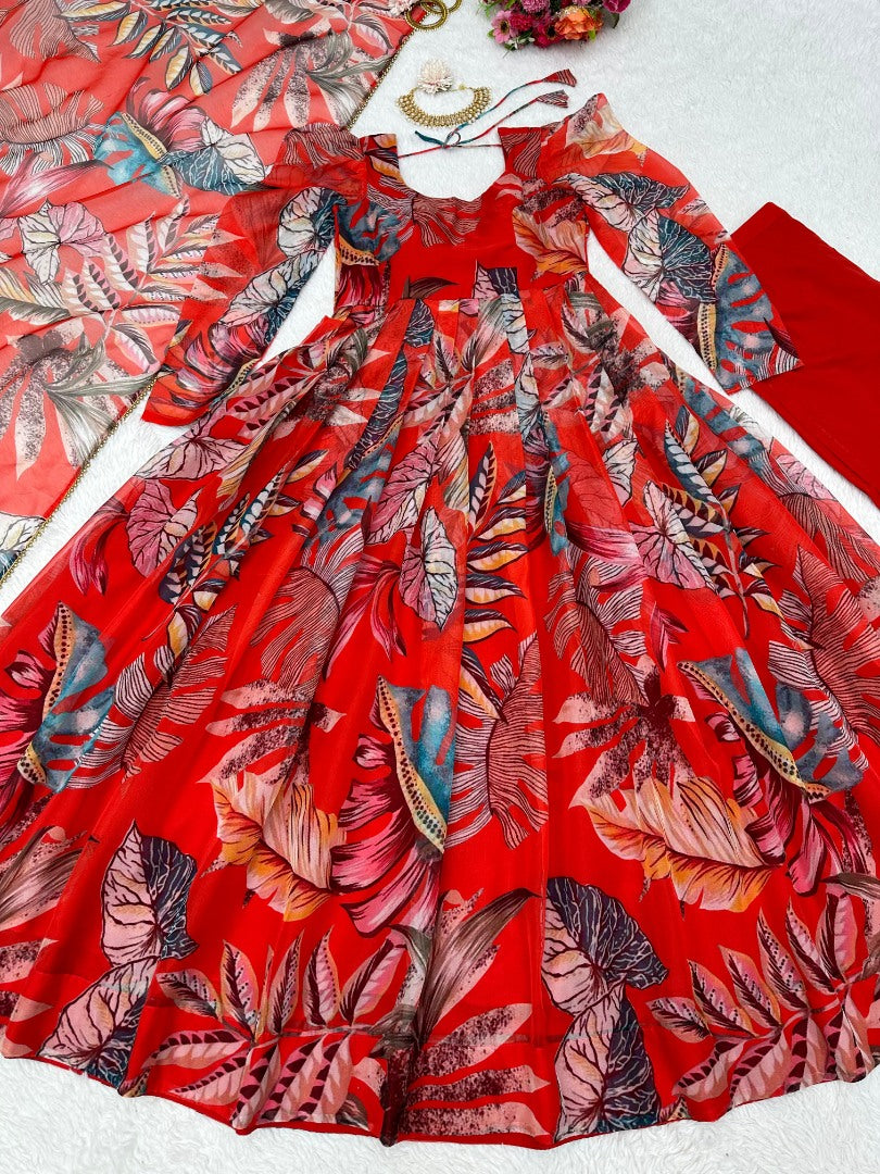 Red organza silk printed anarkali suit