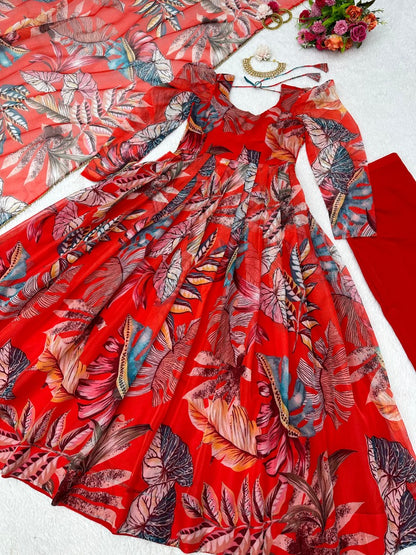 Red organza silk printed anarkali suit