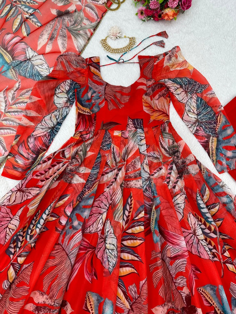 Red organza silk printed anarkali suit