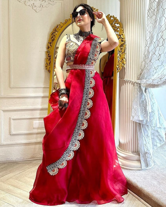 Red organza thread sequence work indowestern sharara suit shrug