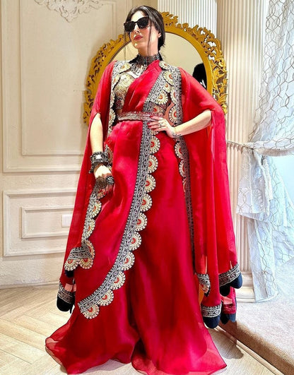 Red organza thread sequence work indowestern sharara suit shrug