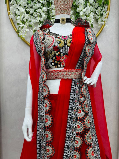 Red organza thread sequence work indowestern sharara suit shrug