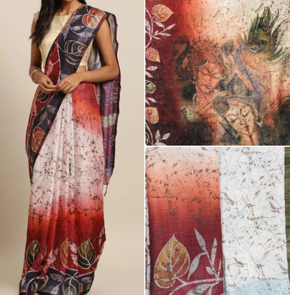 Red original linen digital printed work fancy saree