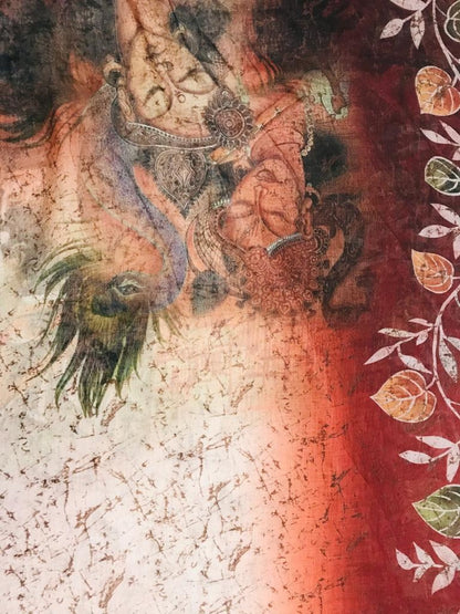 Red original linen digital printed work fancy saree