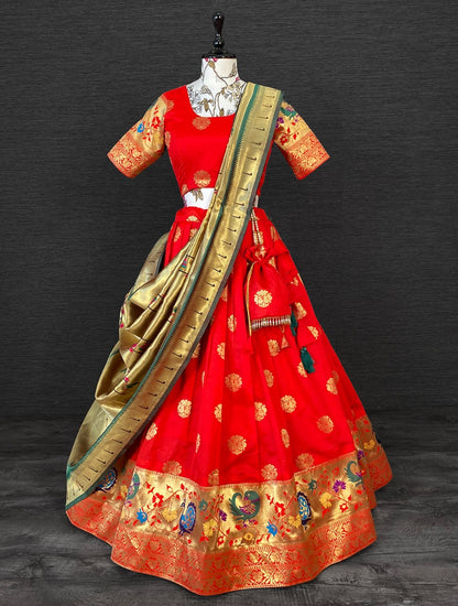 Red paithani jacquard weaving work wedding lehenga choli with purse