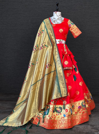 Red paithani jacquard weaving work wedding lehenga choli with purse