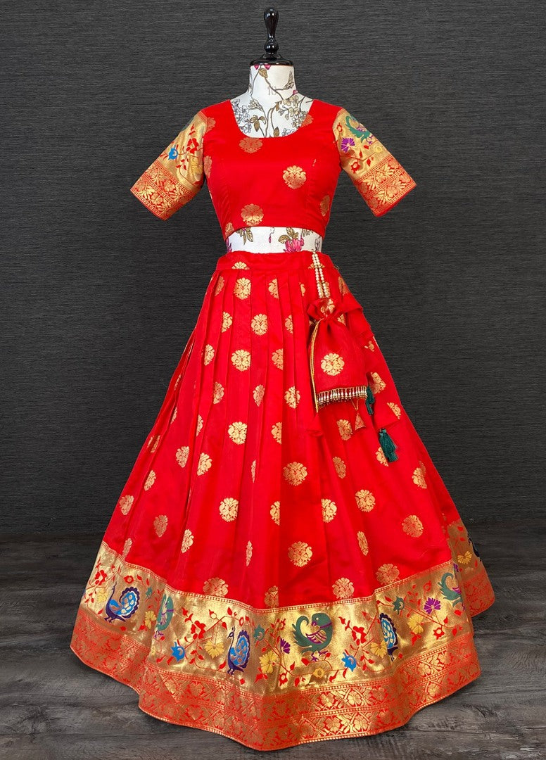 Red paithani jacquard weaving work wedding lehenga choli with purse