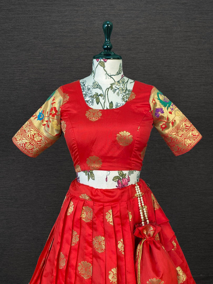 Red paithani jacquard weaving work wedding lehenga choli with purse