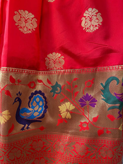 Red paithani jacquard weaving work wedding lehenga choli with purse