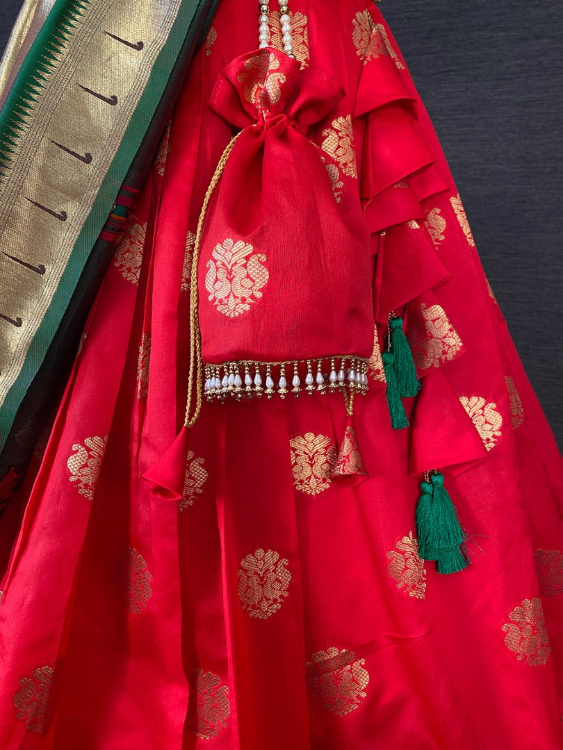 Red paithani jacquard weaving work wedding lehenga choli with purse