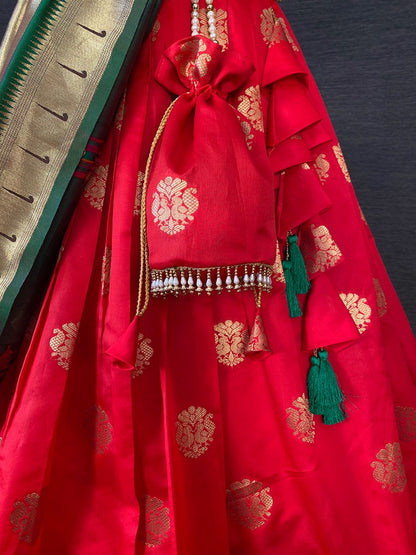 Red paithani jacquard weaving work wedding lehenga choli with purse