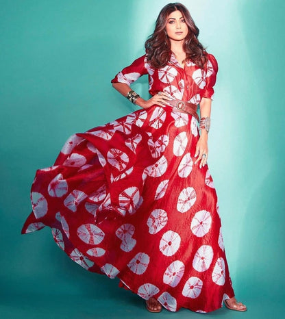 Red paper silk heavy digital printed gown
