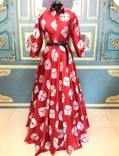 Red paper silk heavy digital printed gown
