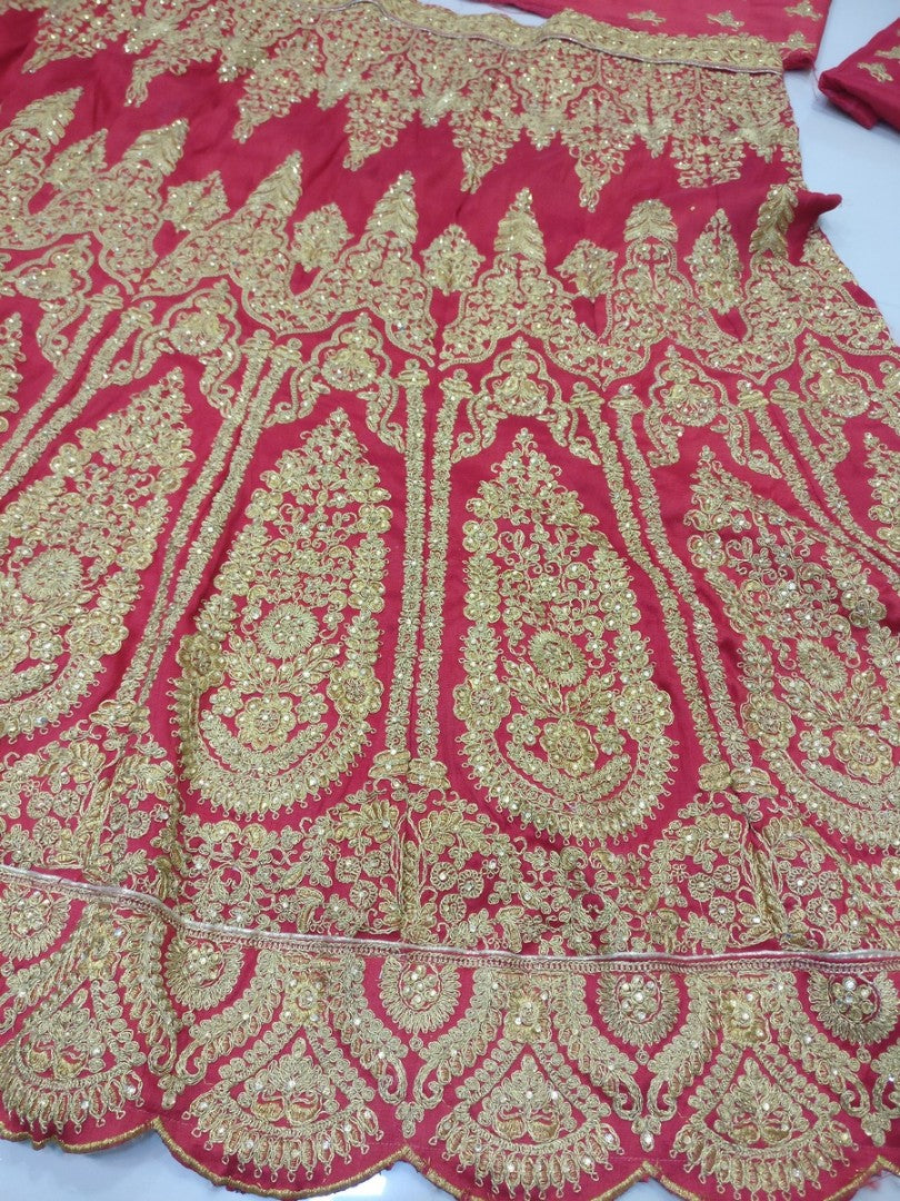 Red phantom silk heavy embroidered bridal lehenga