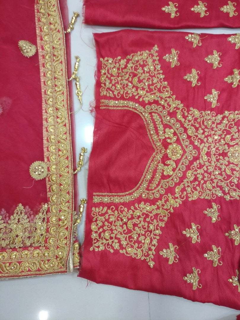 Red phantom silk heavy embroidered bridal lehenga