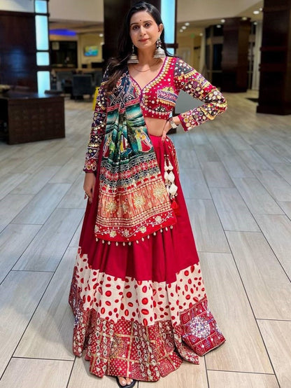 Red print and mirror work gujarati garba navratri lehenga chaniya choli
