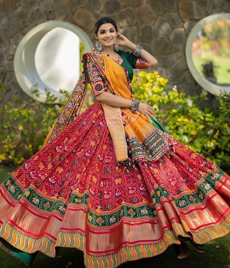 Red print and mirror work gujarati garba navratri lehenga chaniya choli
