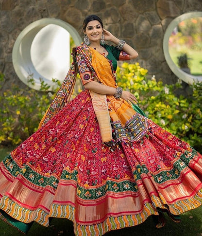 Red print and mirror work gujarati garba navratri lehenga chaniya choli