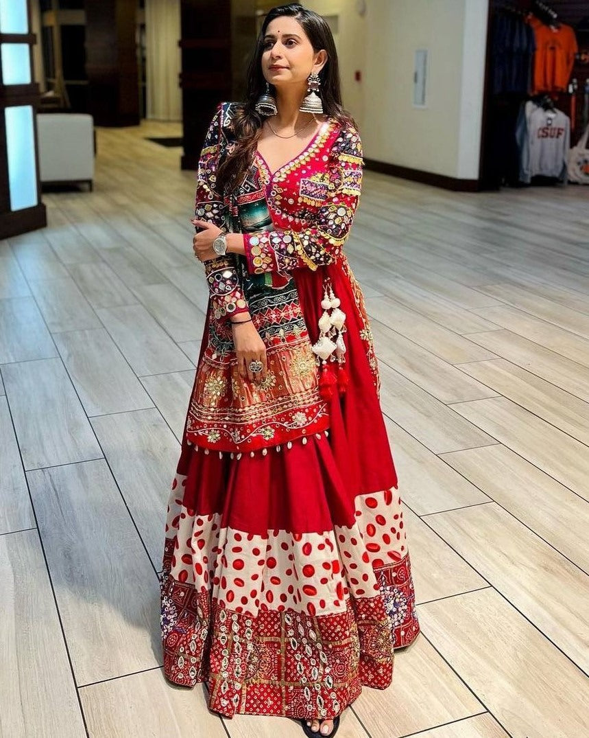 Red print and mirror work gujarati garba navratri lehenga chaniya choli