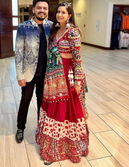 Red print and mirror work gujarati garba navratri lehenga chaniya choli