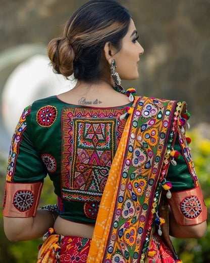 Red print and mirror work gujarati garba navratri lehenga chaniya choli