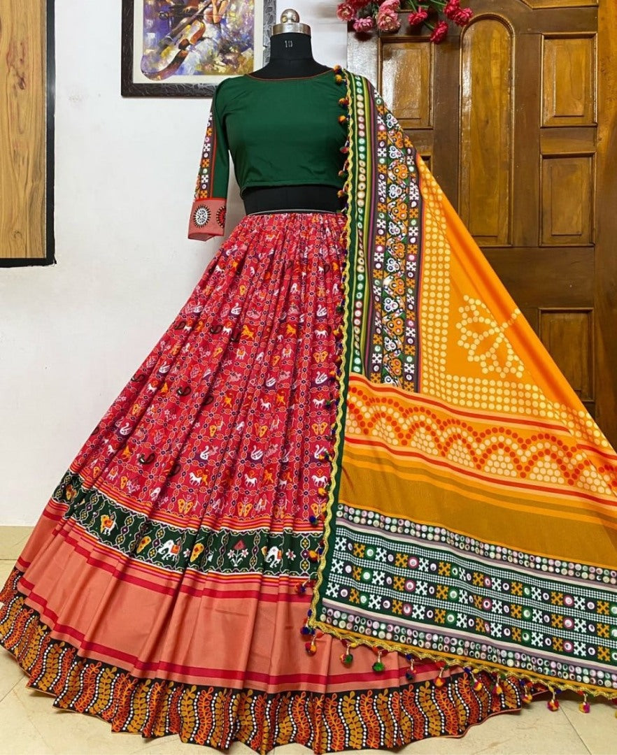 Red print and mirror work gujarati garba navratri lehenga chaniya choli