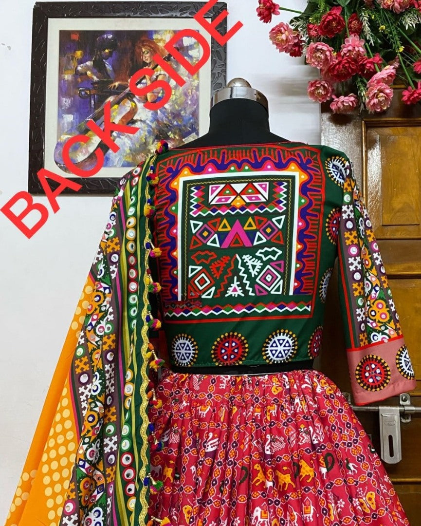 Red print and mirror work gujarati garba navratri lehenga chaniya choli
