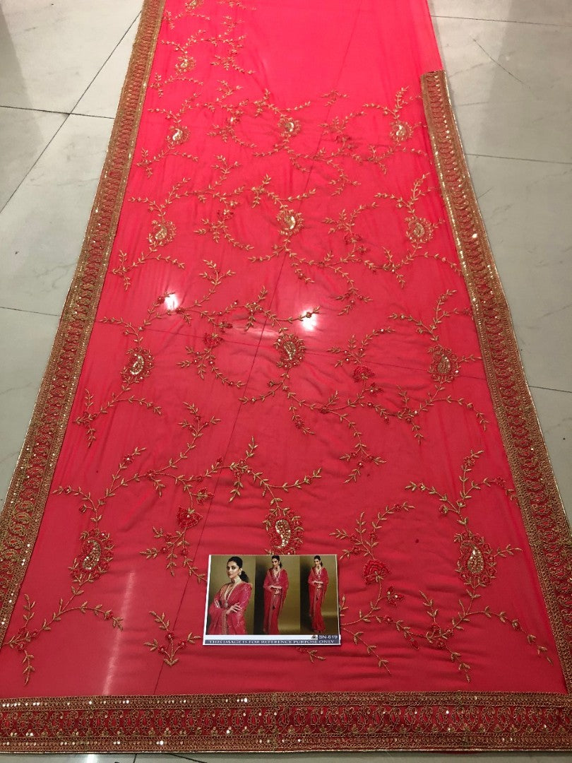Red pure georgette embroidered bollywood stylist wedding saree