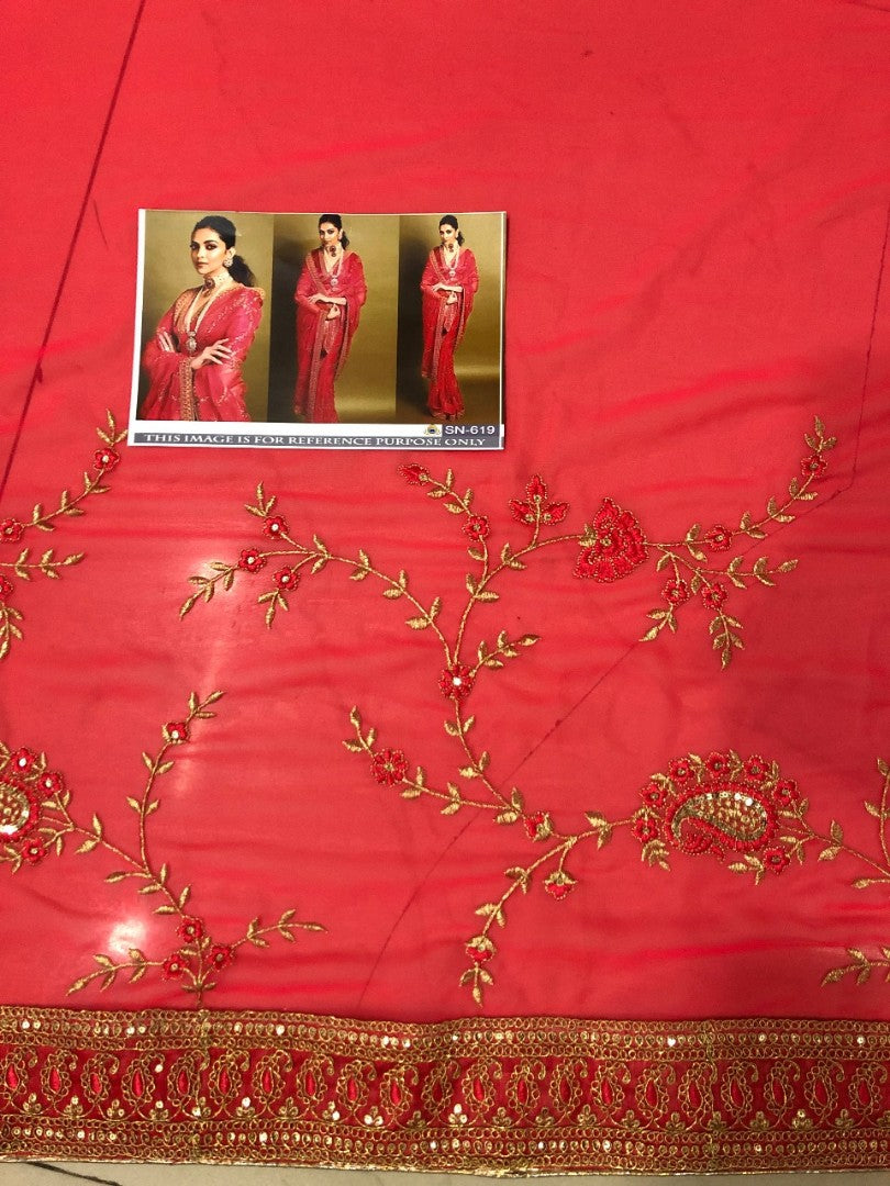 Red pure georgette embroidered bollywood stylist wedding saree