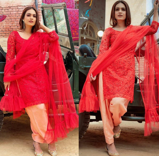 Red pure soft net embroidered thread sequence work salwar suit