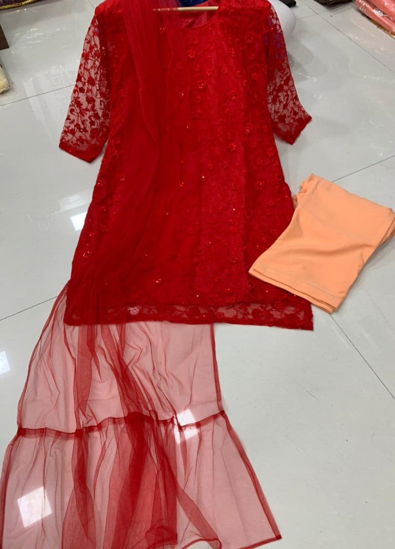 Red pure soft net embroidered thread sequence work salwar suit