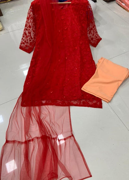 Red pure soft net embroidered thread sequence work salwar suit