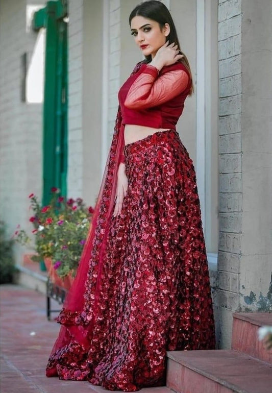 Red pure velvet sequence flower work wedding lehenga choli