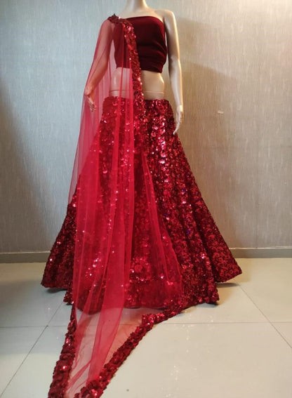 Red pure velvet sequence flower work wedding lehenga choli